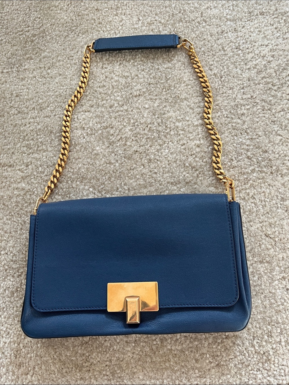 Authentic Chloe Navy Blue Leather Shoulder Bag with Gold Chain